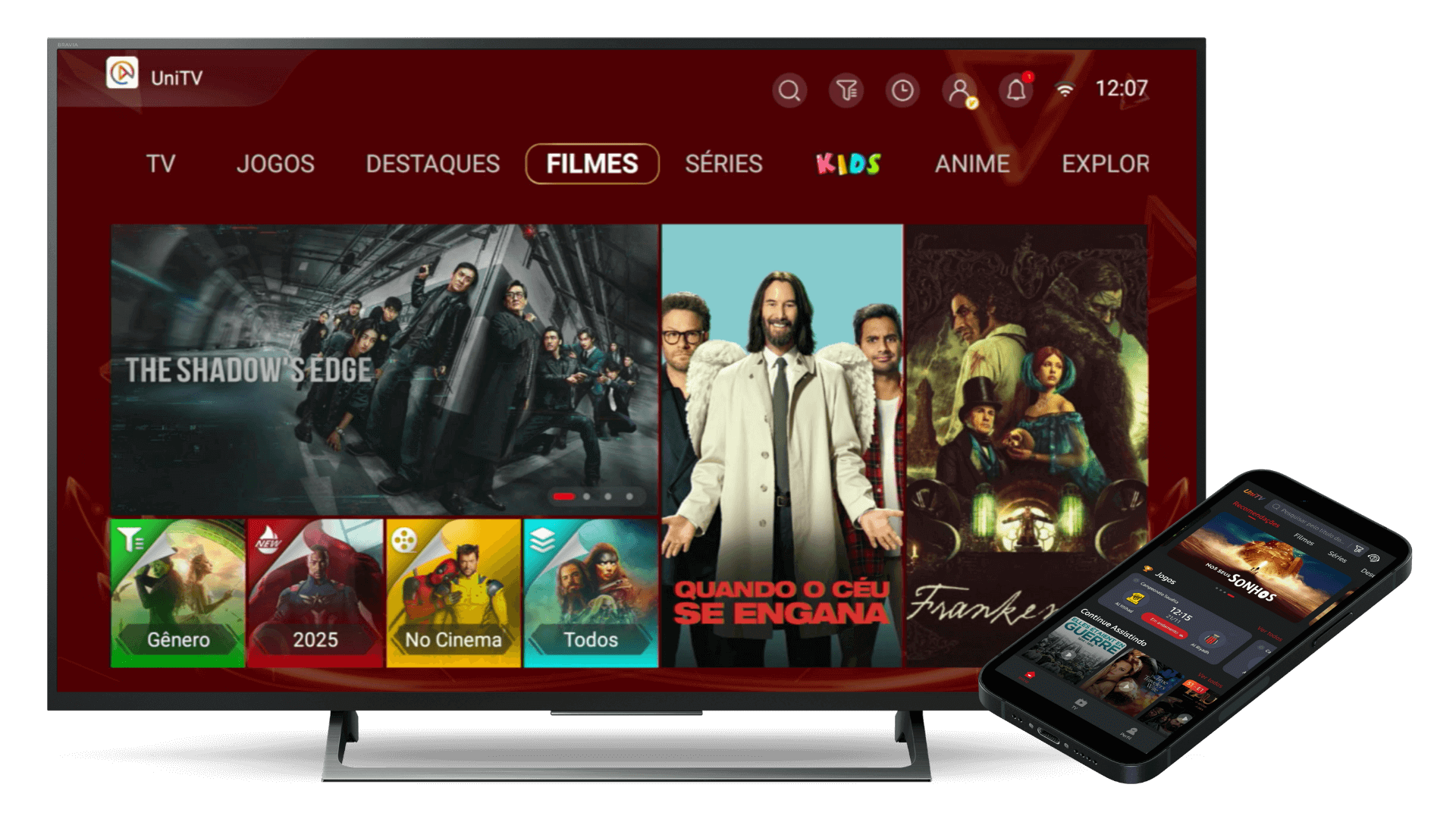 imagem de uma tv e um celular com a interface do aplicativo unitv com cartaz de filmes e suas categorias